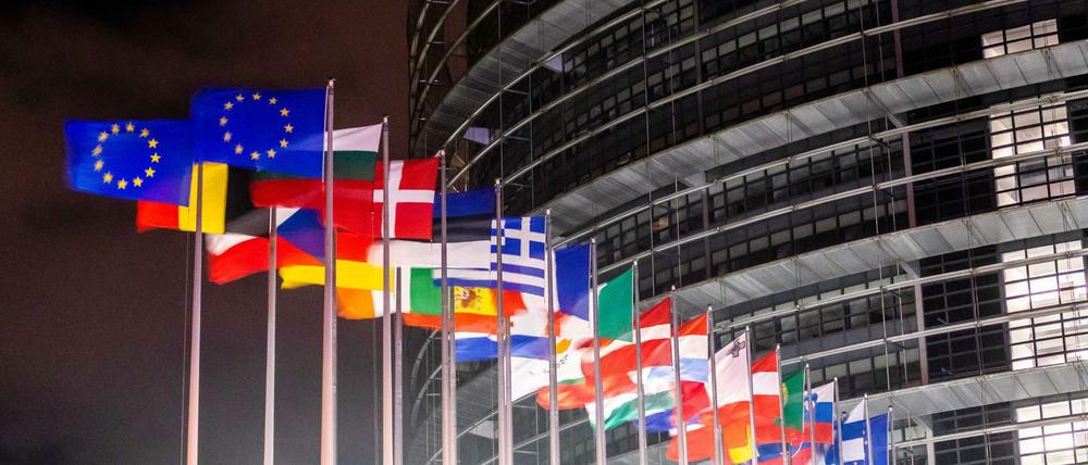 Die EU-Flaggen vor dem Europäischen Parlament in Strasbourg.