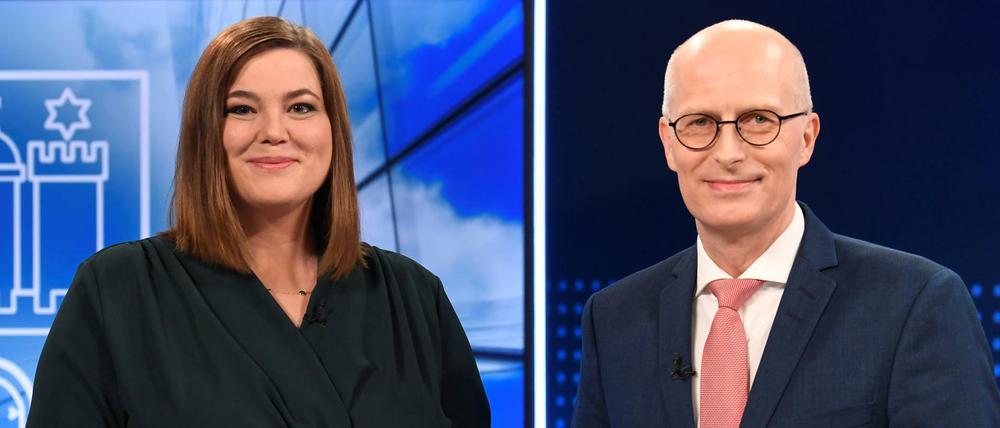 Regierungspartner Peter Tschentscher (SPD) and Katharina Fegebank (Grüne) beim TV-Duell. Cum-Ex war dabei ein Thema.