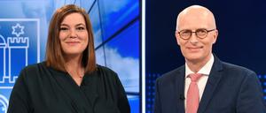 Regierungspartner Peter Tschentscher (SPD) and Katharina Fegebank (Grüne) beim TV-Duell. Cum-Ex war dabei ein Thema.