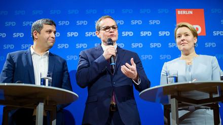 Michael Müller und seine Nachfolger, Franziska Giffey und Raed Saleh? Ein Parteitag am 16.Mai soll darüber entscheiden.