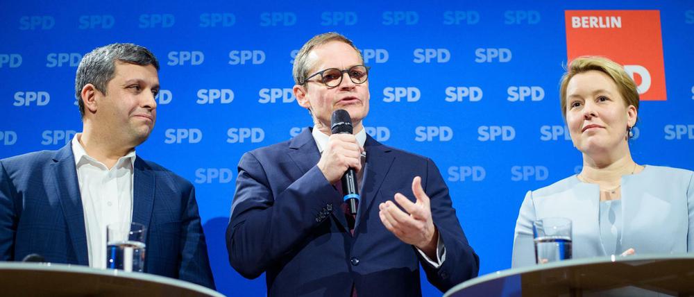 Michael Müller und seine Nachfolger, Franziska Giffey und Raed Saleh? Ein Parteitag am 16.Mai soll darüber entscheiden.