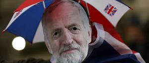 Ein Demonstrant in London mit einer Corbyn-Maske