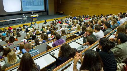 Studierende sitzen in einem Hörsaal der Europa-Universität Viadrina in Frankfurt (Oder).