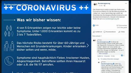 Die Bundesregierung klärt auf Facebook mit Fakten zum Coronovirus auf.