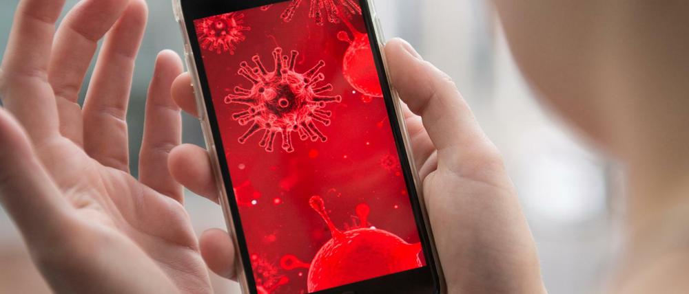 Auf einem Handybildschirm ist ein Virus abgebildet