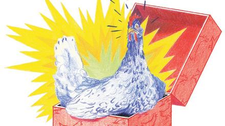 "Ich heiße Rotes Huhn. Vorname Rotes. Nachname Huhn. Ich bin ein blaues Huhn, das Rotes Huhn heißt.“