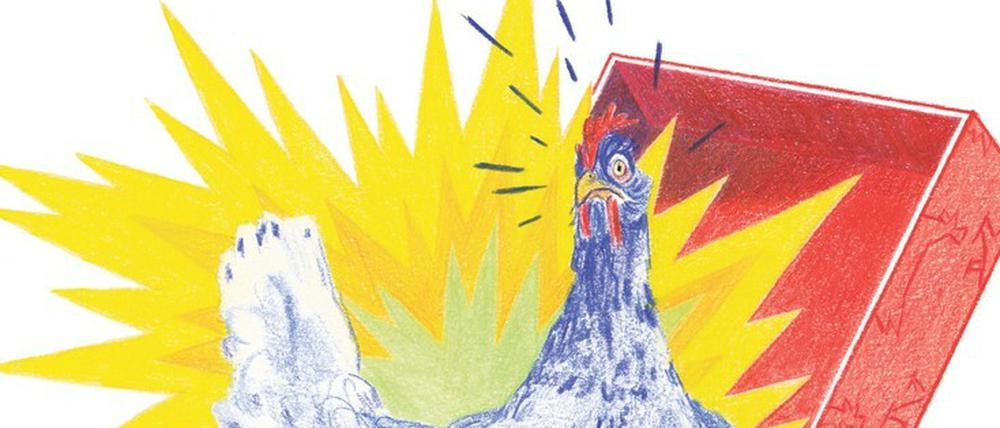 "Ich heiße Rotes Huhn. Vorname Rotes. Nachname Huhn. Ich bin ein blaues Huhn, das Rotes Huhn heißt.“