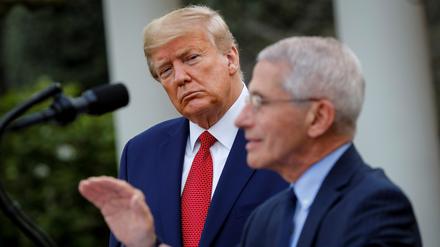 Anthony Fauci spricht mit US-Präsident Trump im Rosengarten des Weißen Hauses.
