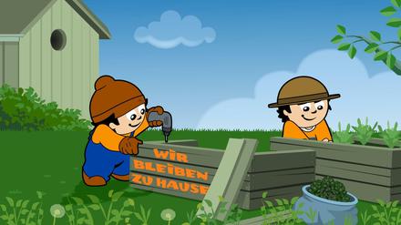 Glücklich, wer derzeit einen Garten hat: Die Mainzelmännchen Anton (links) und Conni bleiben zuhause.