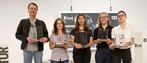 2018 in Klagenfurt: Bov Bjerg, Özlem Özgül Dündar, Tanja Maljartschuk, Raphaela Edelbauer und Anna Stern mit ihren Preisen. Tanja Maljartschuk gewann den Bachmann-Preis in dem Jahr.