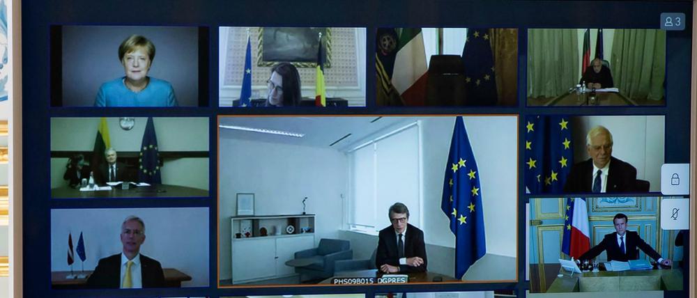 Der EU-Gipfel mit Kanzlerin Merkel, die sich in häuslicher Quarantäne befindet, fand per Videoschalte statt. 