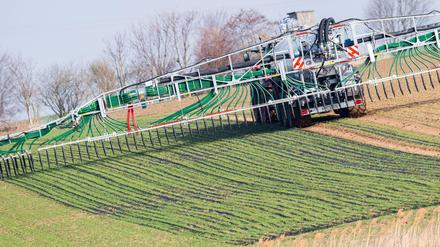 Voller Einsatz: Ein Landwirt düngt mit Gärresten aus einer Biogasanlage ein Feld. 