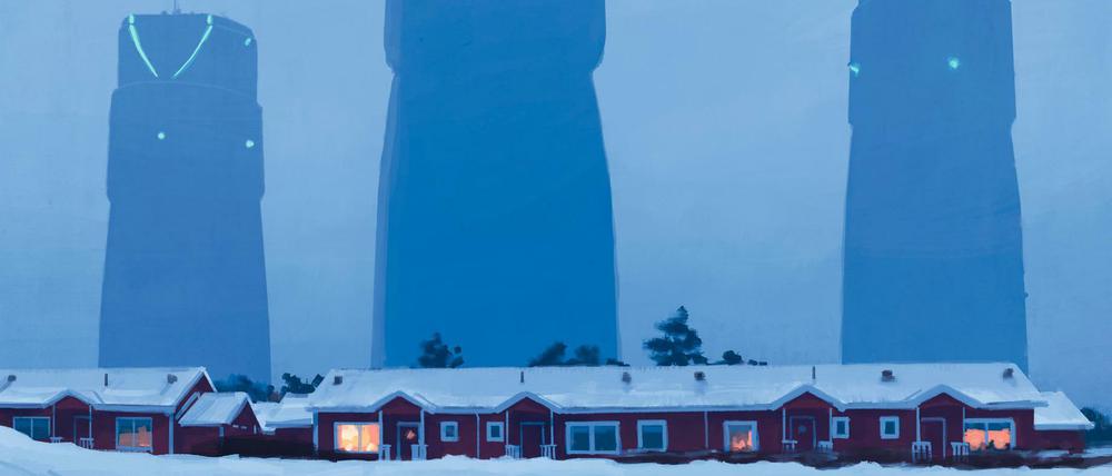 Ländliche Skyline. Stålenhag setzt Industriearchitektur mitten ins Kleinstadtidyll.