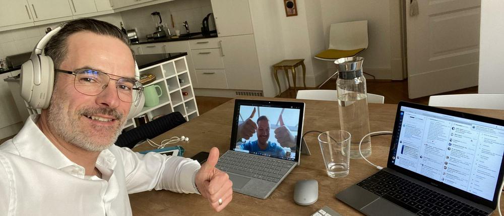 Stefan Franzke, Geschäftsführer der Berlin Partner für Wirtschaft und Technologie GmbH im März 2020 im Homeoffice.