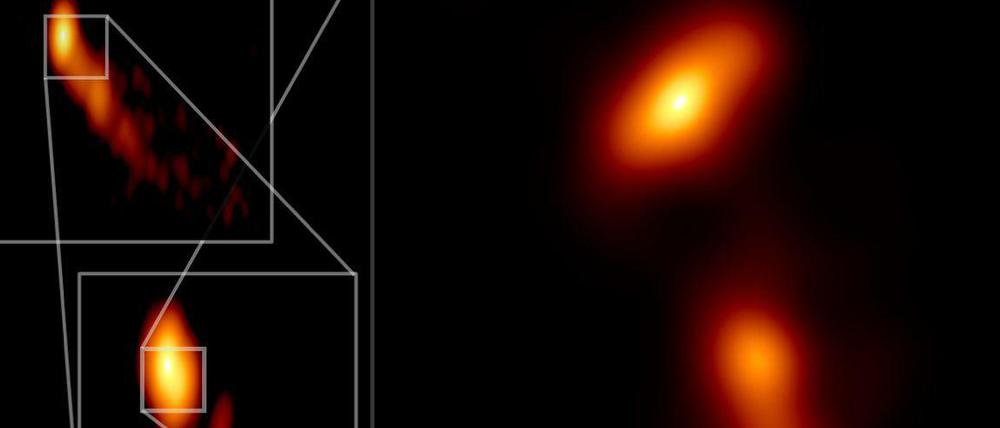 Im Zentralbereich des Quasars 3C 279 in fünf Milliarden Lichtjahren Entfernung schießt ein Schwarzes Loch einen Jet ins All, von dem die internationale Forschungskooperation "Event Horizon Telescope" jetzt ein erstes Bild zusammengesetzt hat. 