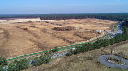 Luftaufnahme: Baumaschinen arbeiten auf dem Gelände der künftigen Tesla-Fabrik in Grünheide.