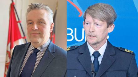 Brandenburgs neuer Polizeipräsident Oliver Stepien (links) und sein Vize, der ursprüngliche Favorit für den Posten, Roger Höppner.