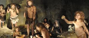 Die Rekonstruktion einer Gruppe Neandertaler im Neandertaler Museum in Krapina, Kroatien.