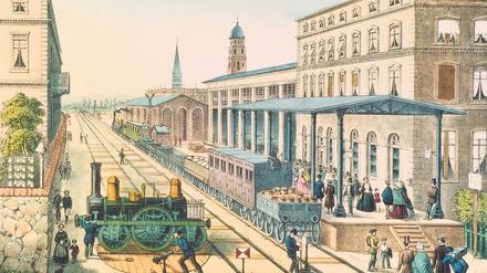 Der Potsdamer Bahnhof in Berlin-Mitte war 1838 als Endpunkt der ältesten Eisenbahnlinie Berlins zwischen Berlin und Potsdam eröffnet worden. Farblithografie von 1845. 