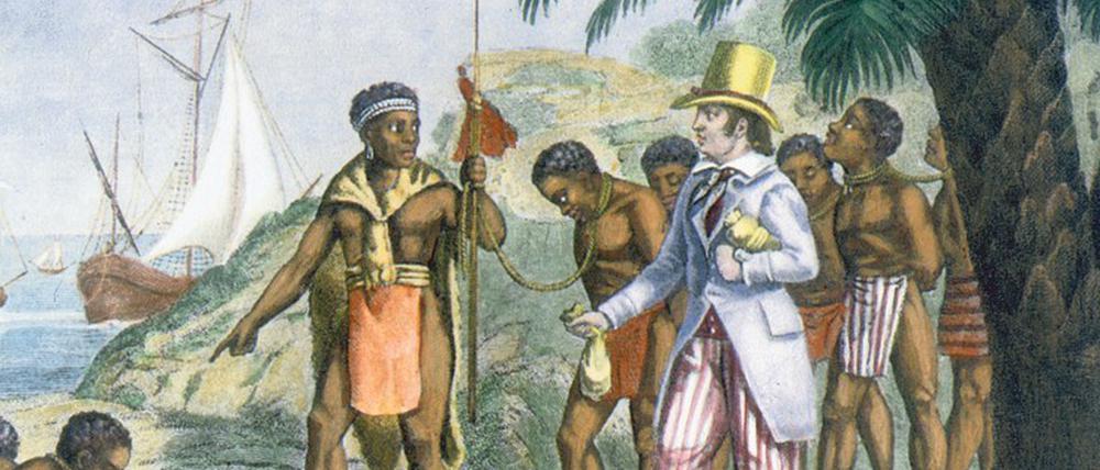 Ein Händler aus Europa handelt mit dem afrikanischen Sklavenbesitzer den Preis der angebotenen Sklaven aus (umn 1820). 