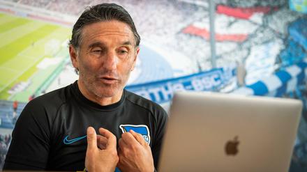 Ungewöhnliche Interviewrunde. Bruno Labbadia beantwortet die Fragen der Journalisten vor dem Laptop.