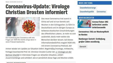 Der NDR-Podcast "Das Corona-Update" des Berliner Virologen Christian Drosten gehört zu den Nominierten des Grimme Online Awards 2020.