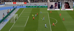 Es brennt: Der virtuelle Muhammed Kiprit von Hertha BSC hat die Großchance zum 2:0 im ersten Teil des digitalen Stadtderbys gegen den 1. FC Union.