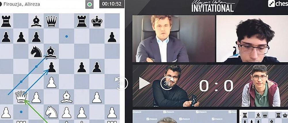 Blitzkombinationen vor Millionen Zuschauern. Weltmeister Magnus Carlsen (o. l.) und sein 16 Jahre junger Widersacher Alireza Firouzja (o. r.) beim Schachspielen, übertragen von Dazn. Der Streamingdienst ist froh, derzeit ein sportliches Liveevent anbieten zu können.
