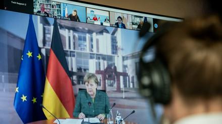 Wegen Corona als digitale Konferenz: Bundeskanzlerin Angela Merkel (CDU) bei ihrer Rede beim Petersberger Klimadialog.  