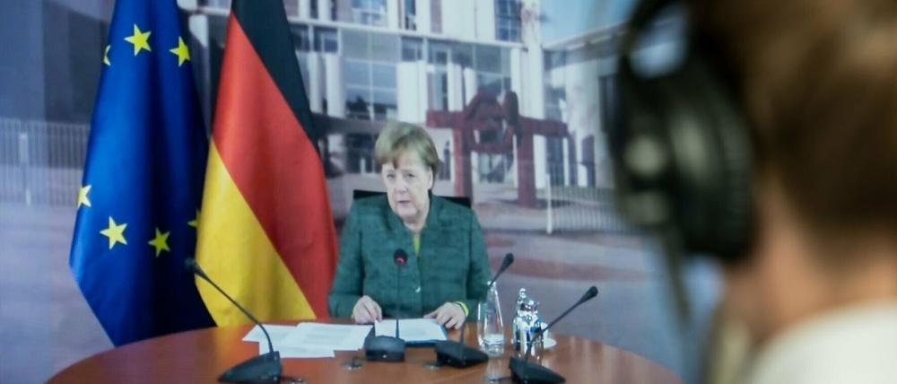 Wegen Corona als digitale Konferenz: Bundeskanzlerin Angela Merkel (CDU) bei ihrer Rede beim Petersberger Klimadialog.