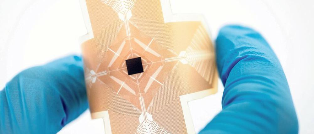 Symbolbild, auf dem ein flexibler Mikrochip von einer Hand in einem blauen Laborhandschuh gehalten wird.