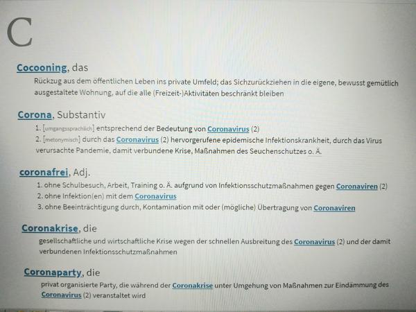 Ein Screenshot des Corona-Glossars mit Beispielen zum Buchstaben C.