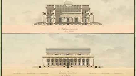 Kommerztempel. Längsschnitt und Seitenfassade der Petersburger Börse. 