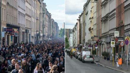 Ohne und mit Corona: die Kreuzberger Oranienstraße beim Myfest 2018 und zwei Jahre später, am 1. Mai 2020.