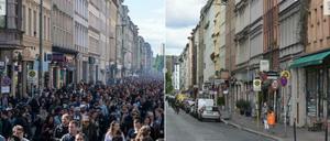 Ohne und mit Corona: die Kreuzberger Oranienstraße beim Myfest 2018 und zwei Jahre später, am 1. Mai 2020.