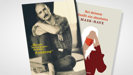 Das erste Plakat der Aidsprävention der Deutschen Aidshilfe - und eine aktuelle Kampagne für das Tragen von Atemschutzmasken.