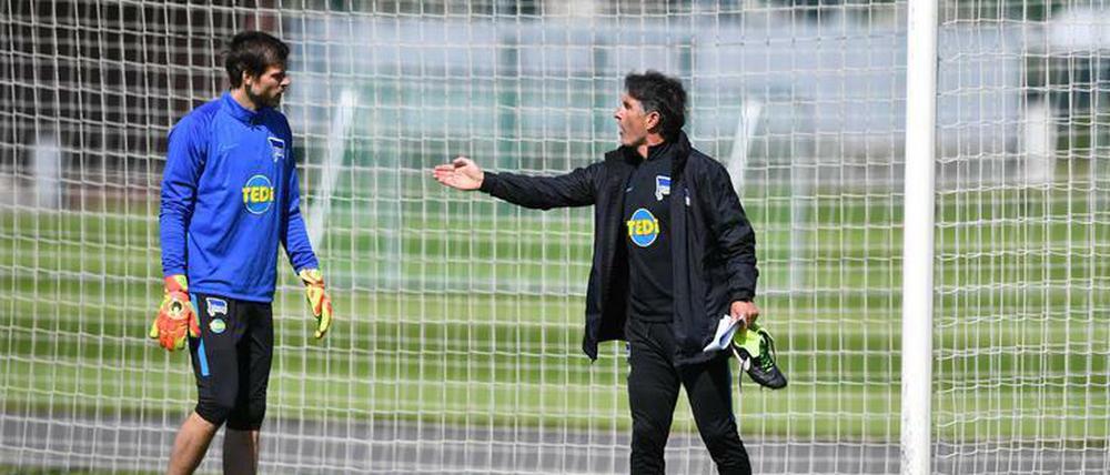Bruno Labbadia (r.) setzt wieder auf Rune Jarstein im Hertha-Tor.