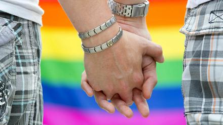 Zwei Männer halten sich auf einem Straßenfest zum Christopher Street Day an den Händen (Symbolbild).