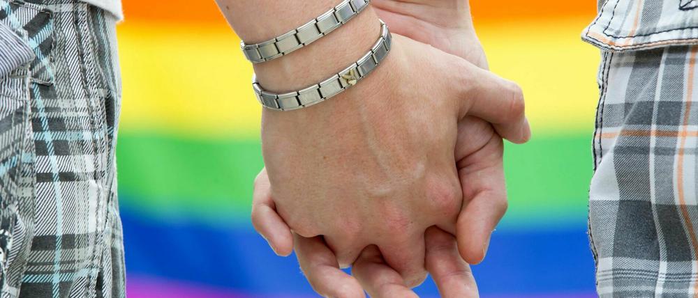 Zwei Männer halten sich auf einem Straßenfest zum Christopher Street Day an den Händen (Symbolbild).