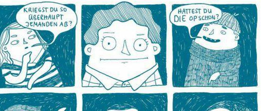 Unter Rechtfertigungsdruck: Eine Doppelseite aus „Hattest du eigentlich schon die Operation?“.