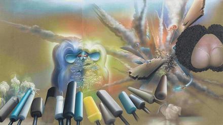 Ungenierte Sicht auf das Obszöne und Verführerische. Bernhard Martins surreales Gemälde „Le Mot“ ist 2017 entstanden.