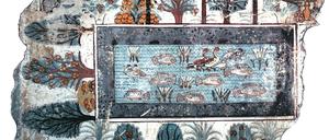 Ägyptischer Lustgarten, etwa vor 3500 Jahren entstanden. Das Wandfresko stammt aus einer Totengruft.