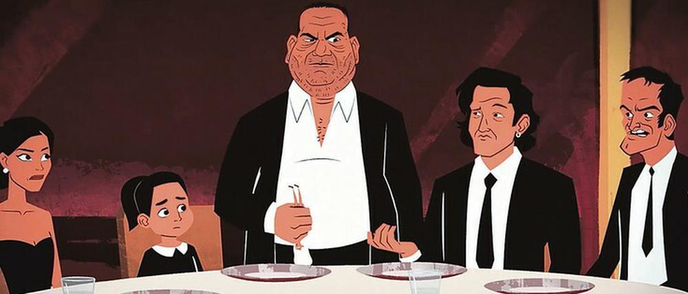 Harvey Weinstein mittendrin. Eine gruselige Szene, animiert im Comicstil, führt vor Augen, dass Quentin Tarantino (re.) mehr als nur eine Ahnung hatte von der Übergriffigkeit jenes Produzenten, mit dem er seit seinem ersten Film sehr eng kooperierte.