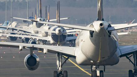 Flugzeuge der Lufthansa stehen im März geparkt auf den Frankfurter Flughafen. Weil Linienflüge abgesagt wurden, kamen viele Touristen über die Rückholaktion des Auswärtigen Amts zurück.