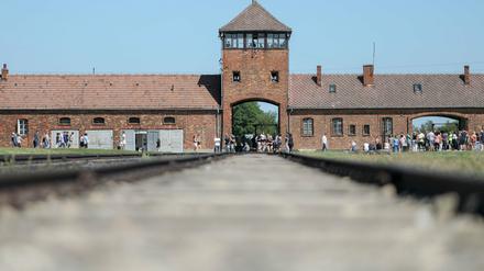 Das historische Tor des ehemaligen Konzentrationslagers Auschwitz-Birkenau im polnischen Oswiecim (Polen).