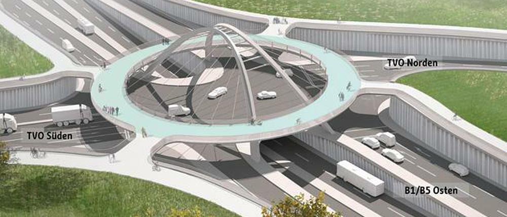Illustration des geplanten Fahrradkreisels über einer Schnellstraßenkreuzung der Tangentialverbindung Ost (TVO).