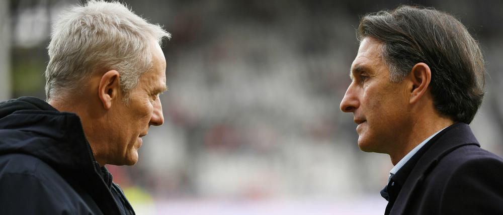 "Wir müssen uns was einfallen lassen" - Herthas Trainer Labbadia (rechts) über die vielen Verletzten vor dem Freiburg-Spiel (hier im Gespräch mit Freiburgs Trainer Christian Streich).