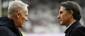 "Wir müssen uns was einfallen lassen" - Herthas Trainer Labbadia (rechts) über die vielen Verletzten vor dem Freiburg-Spiel (hier im Gespräch mit Freiburgs Trainer Christian Streich).