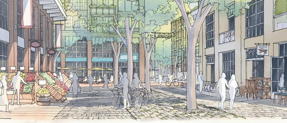 Eine Idee für das Knorr Bremse Areal in Marzahn. Christoph Kohl Stadtplaner Architekten kamen mit ihrem Entwurf in einem Ausschreibungsverfahren auf den dritten Platz. Ihr Wettbewerbsbeitrag steht für eine kleinteilige Durchmischung von Wohnen und Arbeiten, Verkaufen und Konsumieren, kombiniert mit öffentlich zugänglichen, aber intimen Grünräumen. 