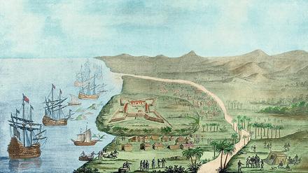 Groß Friedrichsburg im heutigen Ghana, hier auf einer Zeichnung von 1688, war der Hauptort der Kolonialbestrebungen.